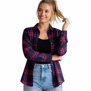 Hollister Plaid Flannel Shirt Burgundy Navy Pink Button Down Soft Cozy Women’s M